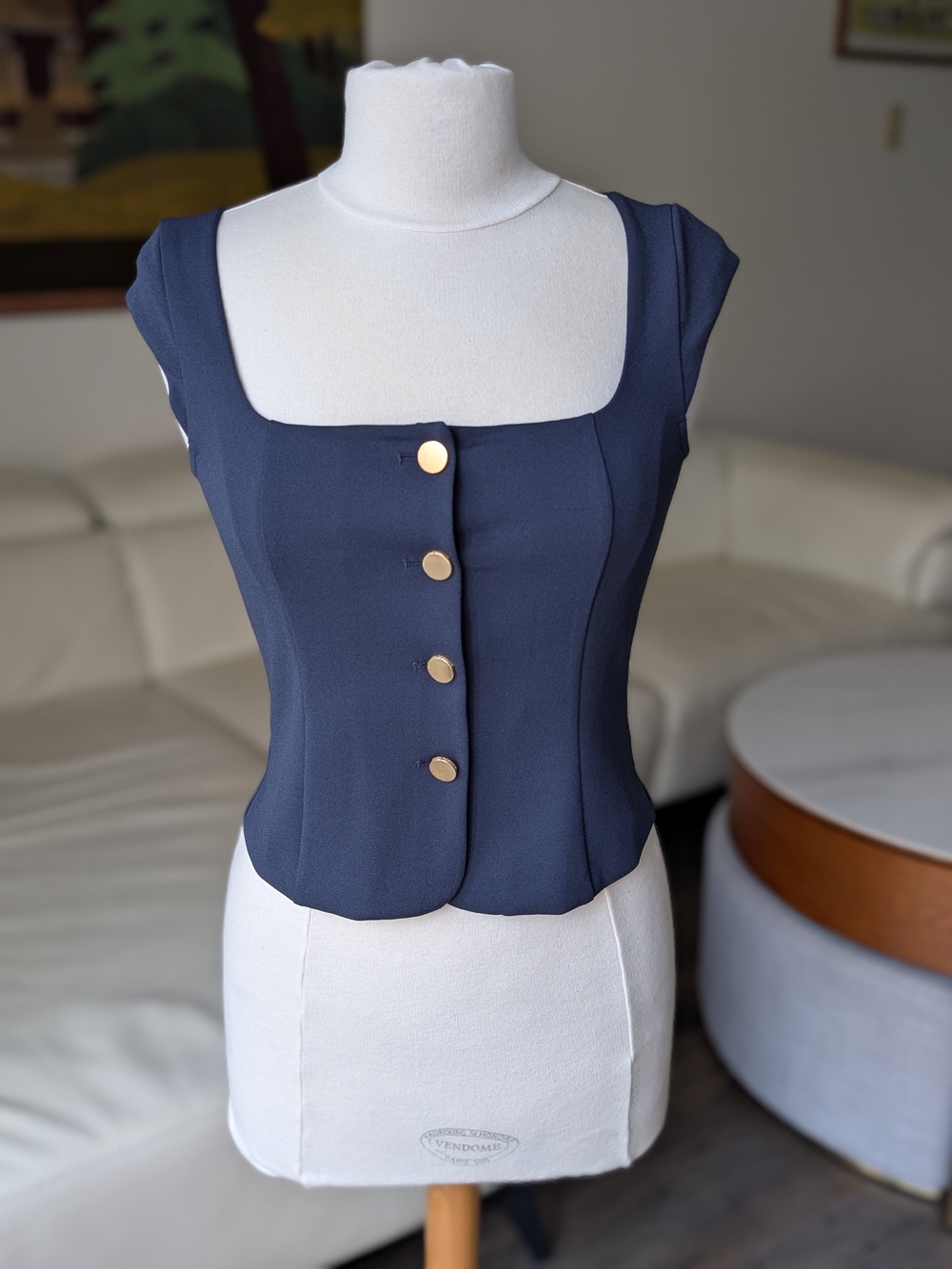 Michael Kors Navy Blue Square Neck Vest Top Blouse Gold Buttons XS